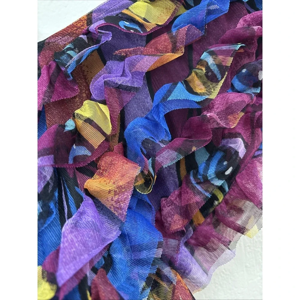 Live 4 Truth Ruffle Mesh Bodysuit Top Multicolor Sheer Sz Medium Festival V Neck - Picture 4 of 9